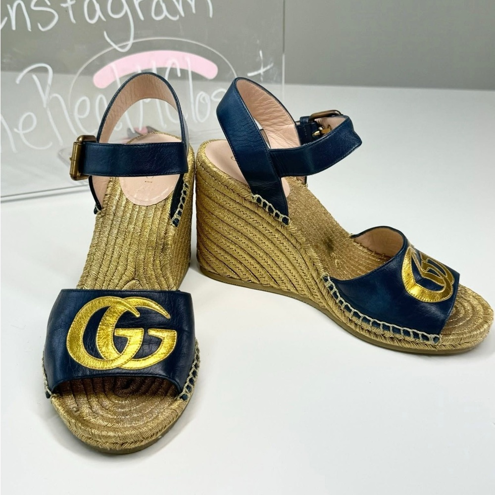 Gucci Navy and Gold Espadrille Wedges - Picture 10 of 11